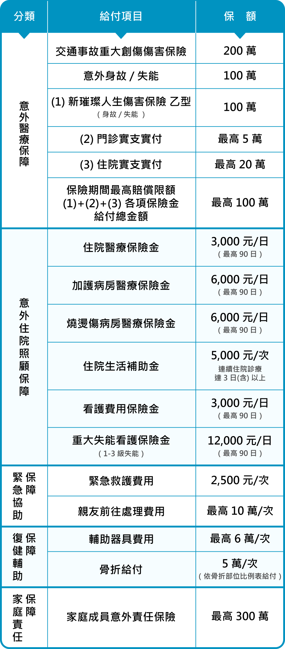 「新樂齡 85」保障內容：包含意外醫療保障、住院照護保障、緊急協助保障、保健輔助保障、家庭責任保障